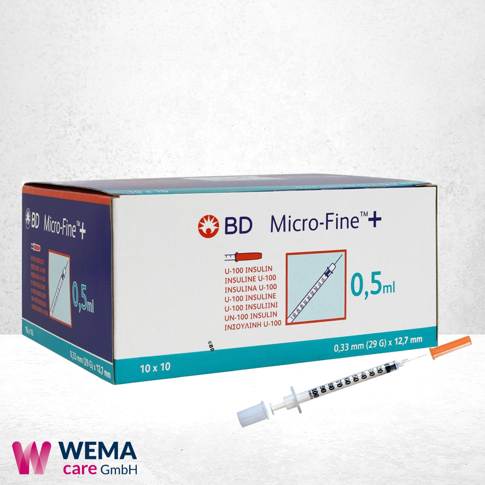BD Micro-Fine+ Insulinspritzen mit Kanüle 0,33x12,7 U100 0,5ml 1 BD Micro-Fine+ Insulinspritzen, 324824,