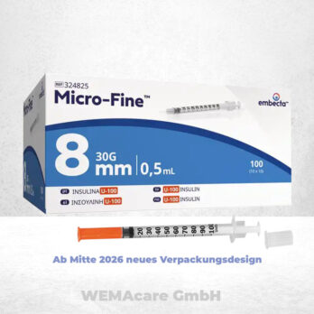 WEMA care GmbH - Medizinprodukte-Lieferant aus Bergisch Gladbach 21 Micro-Fine Insulinspritzen U100, 0,5ml, mit Kanüle 0,30×8,0mm